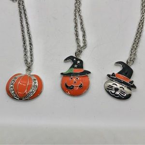 Halloween Pendant Necklaces Set of Three 20” Pumpkin Cat Silver Tone Enamel